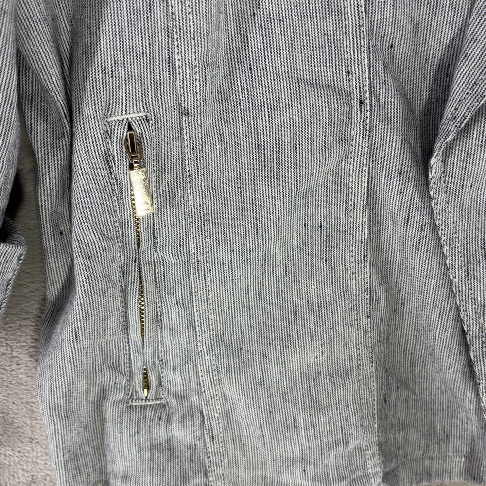 Chico's Blue & White Micro Pinstripe Linen Blend Open Jacket Size L Chico's 2 - Picture 4 of 9